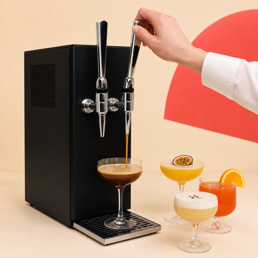 NAIKO Double Dispenser beim Zapfen eines Espresso Martini – Cocktailmaschine mieten Feierleih