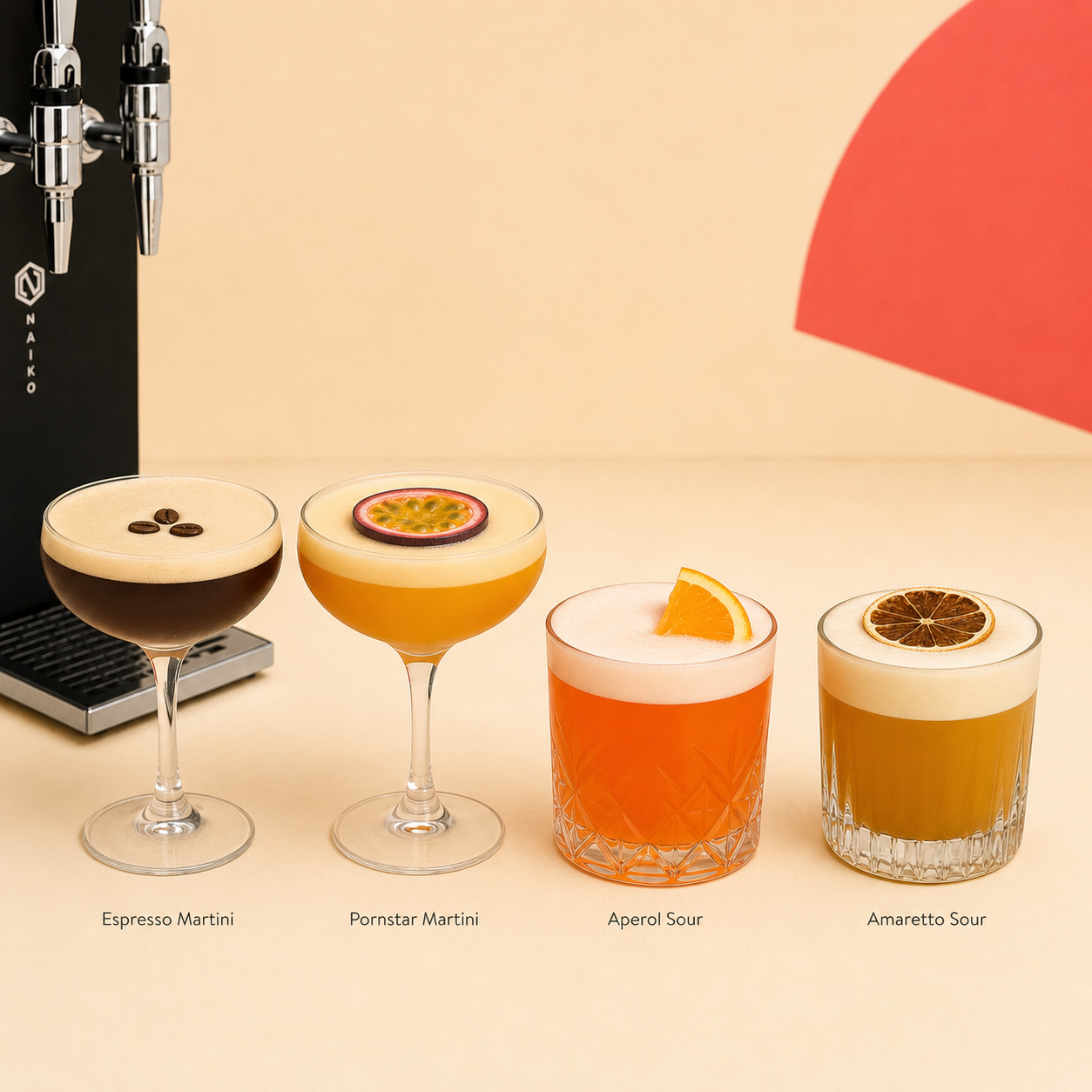 Klassische Cocktails: Espresso Martini, Pornstar Martini, Aperol Sour und Amaretto Sour – Cocktail-Draft-Bar mieten Heidenheim