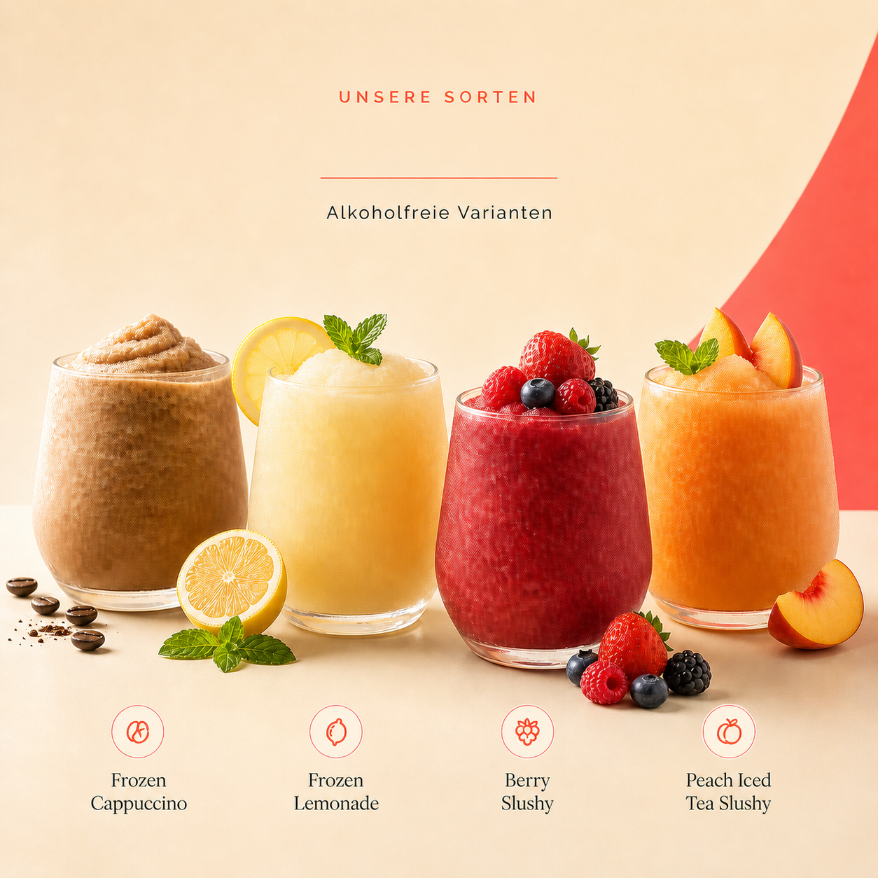 Alkoholfreie Varianten: Frozen Cappuccino und 3 Frozen Lemonade Sorten – Frozen-Drink-Bar mieten Heidenheim