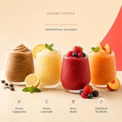 Alkoholfreie Varianten: Frozen Cappuccino und 3 Frozen Lemonade Sorten – Frozen-Drink-Bar mieten Heidenheim