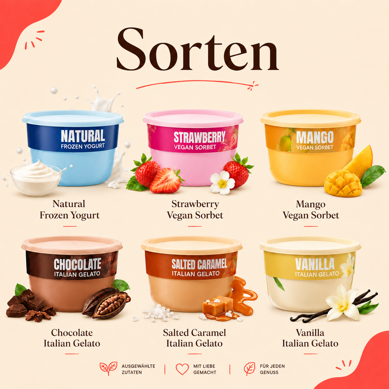 Gelato-Sorten: Frozen Yogurt, Erdbeer Sorbet, Mango Sorbet, Kakao, Salted Caramel und Vanille – Feierleih