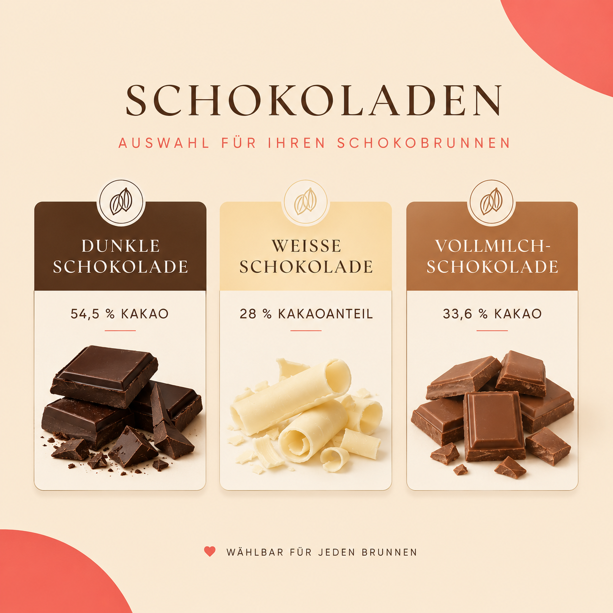 Schokoladen-Varianten: Vollmilch, Dunkle und Weiße Schokolade – Schoko-Station mieten Feierleih Heidenheim